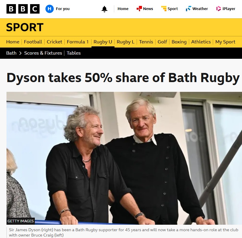 Bath Voice Sports News: James Dyson buys 50% of Bath Rugby   Bath Voice.